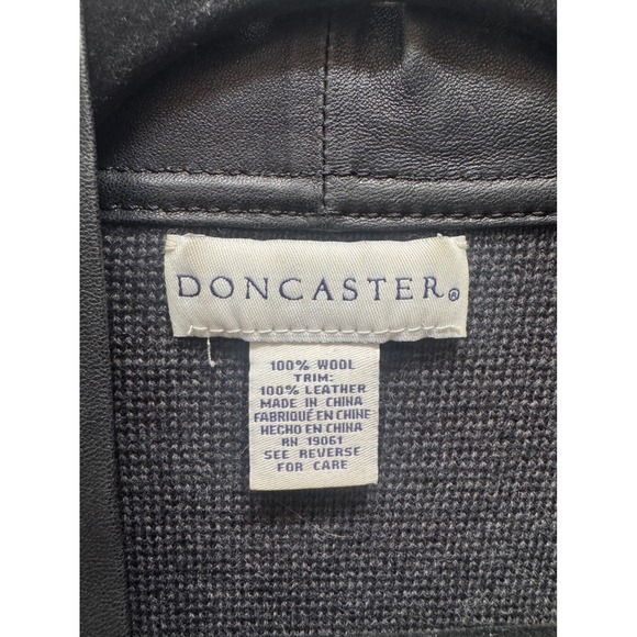 Doncaster Gray 100% Wool Open Front Cardigan Sweater faux Leather Trim Pockets M - Picture 3 of 6